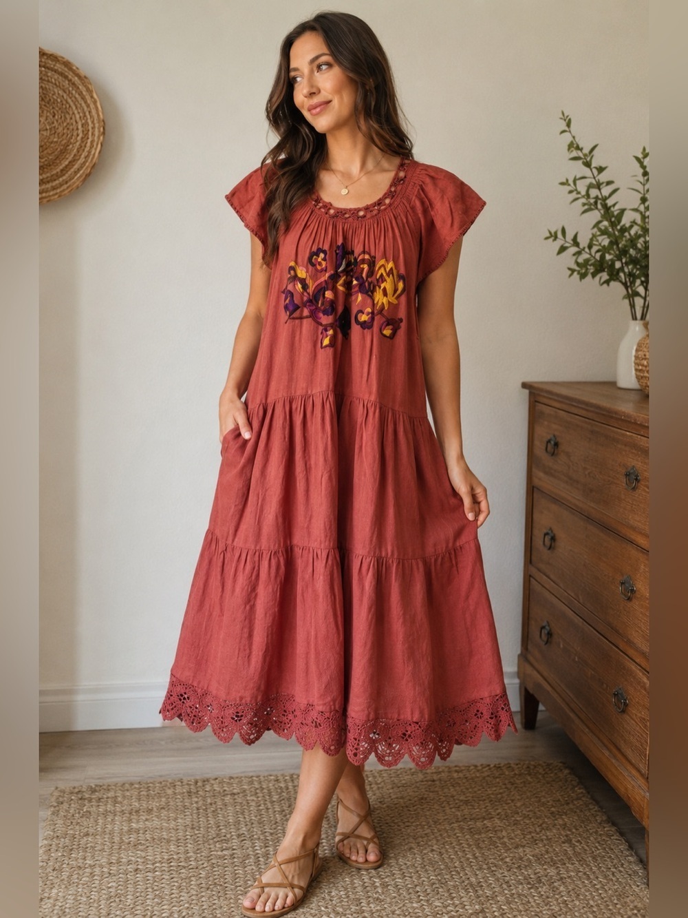 Ulla Johnson linen blend embroidered crochet midi flutter cap sleeves Sundress